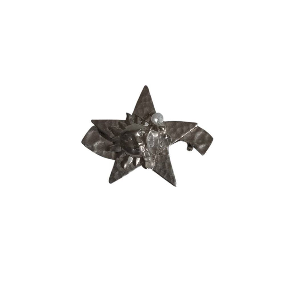 Silver Toned Thin Hammered Metal Sun and Star Shaped Safety Lock Brooch Pin